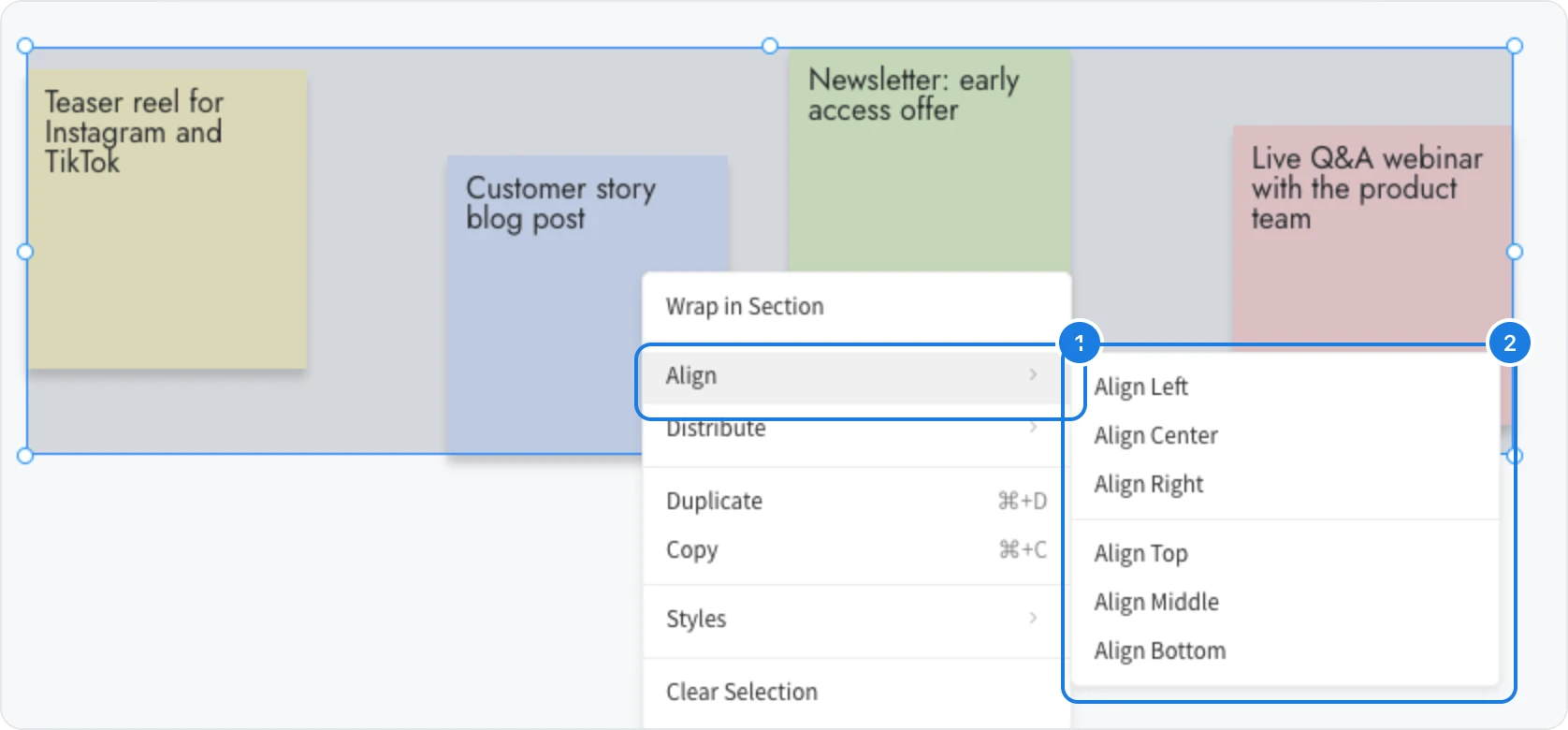 Four selected sticky notes with the right-click menu open, the Align option and its submenu numbered