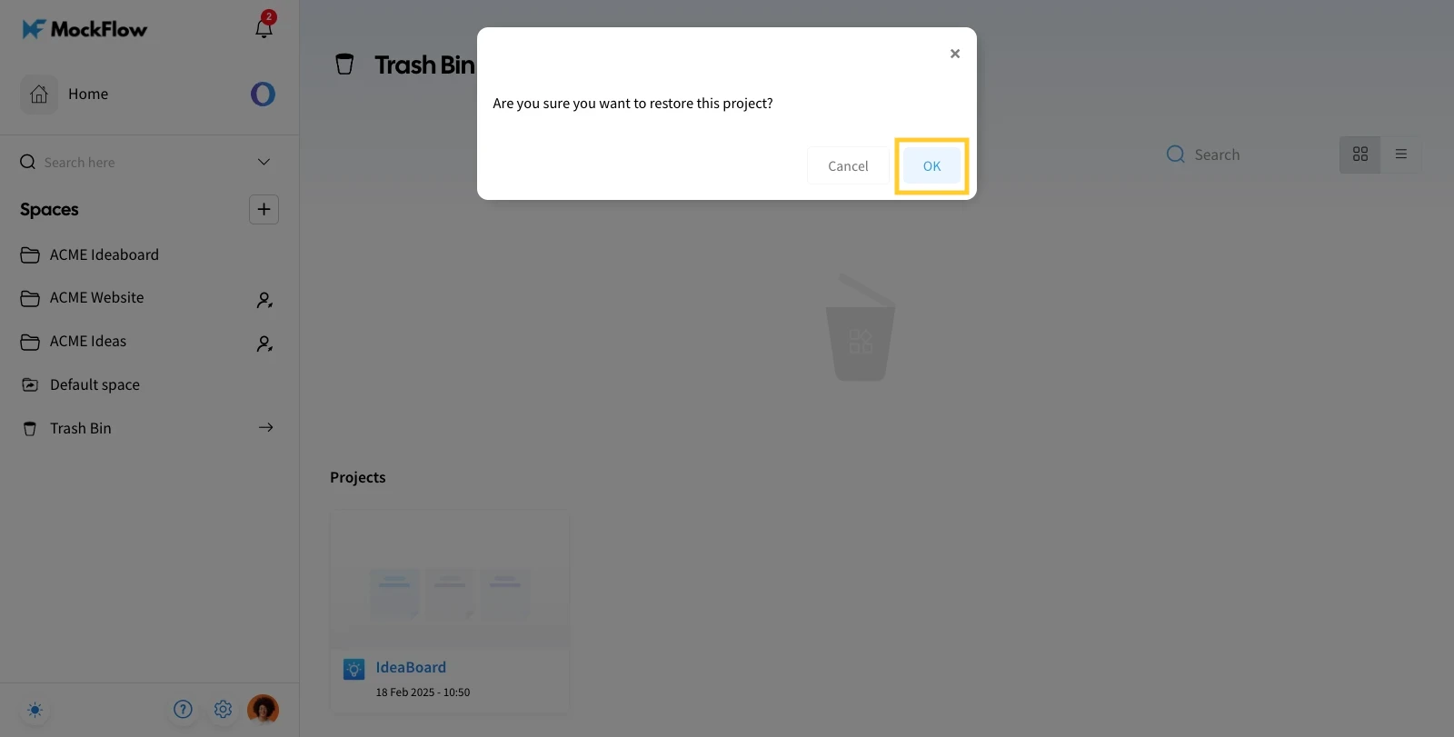 Click ok for confirmation - MockFlow IdeaBoard