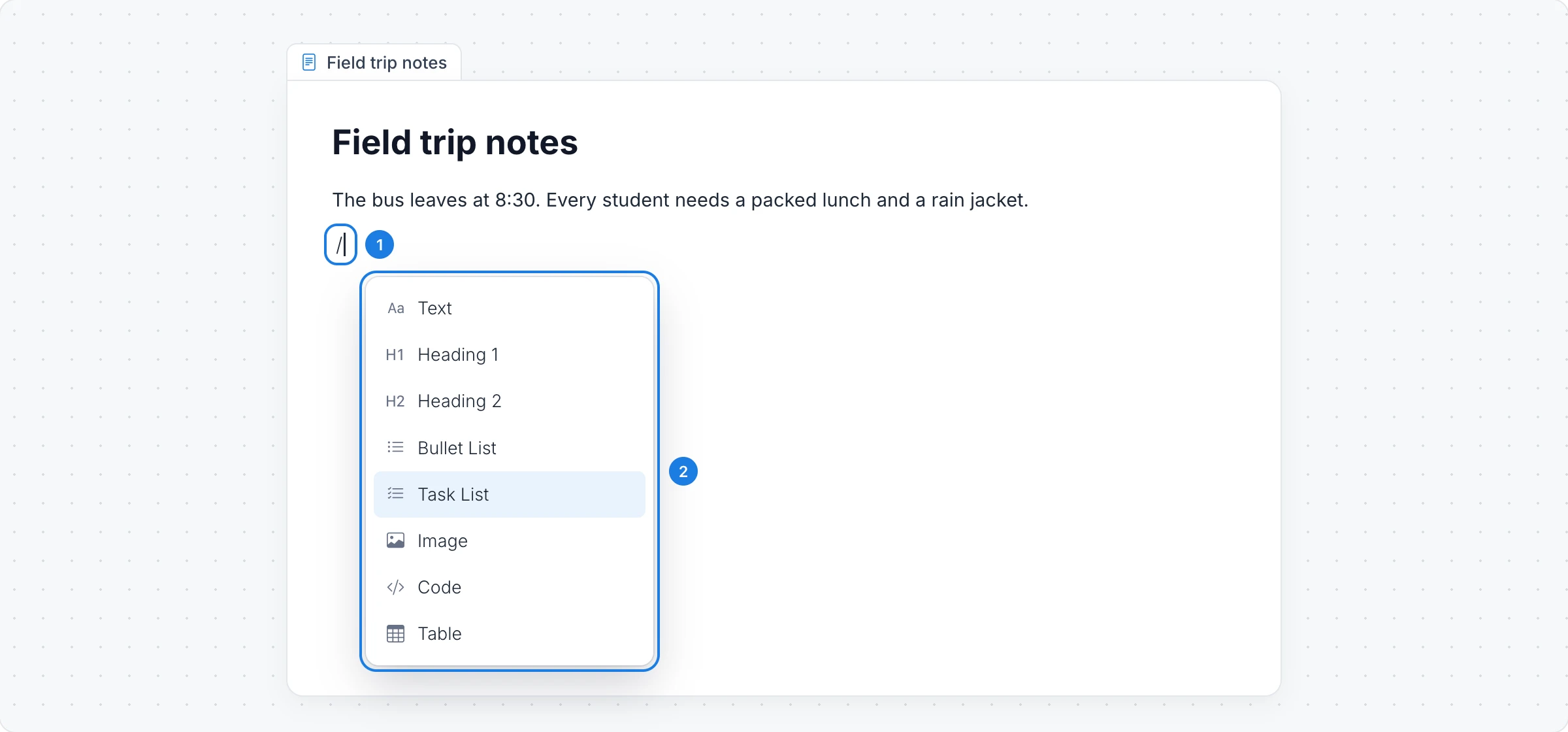 A document with a slash typed on a new line and the menu of blocks it opens, with numbered markers on the slash and the menu