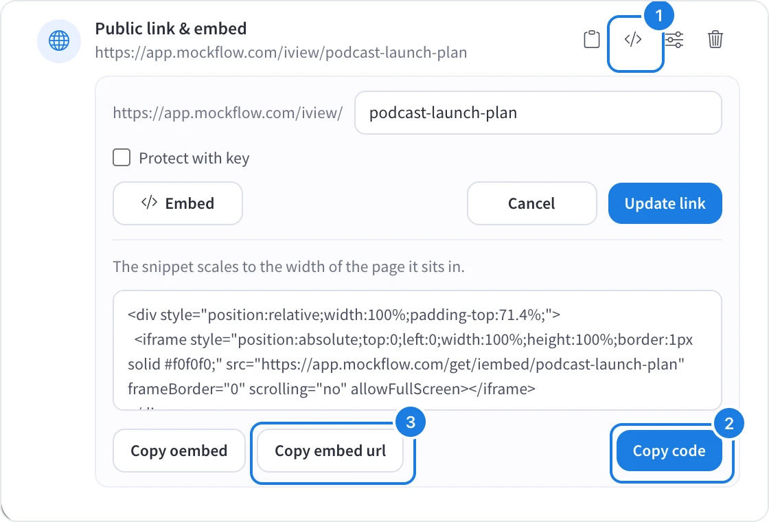 The embed snippet with the Embed icon, Copy code and Copy embed url numbered