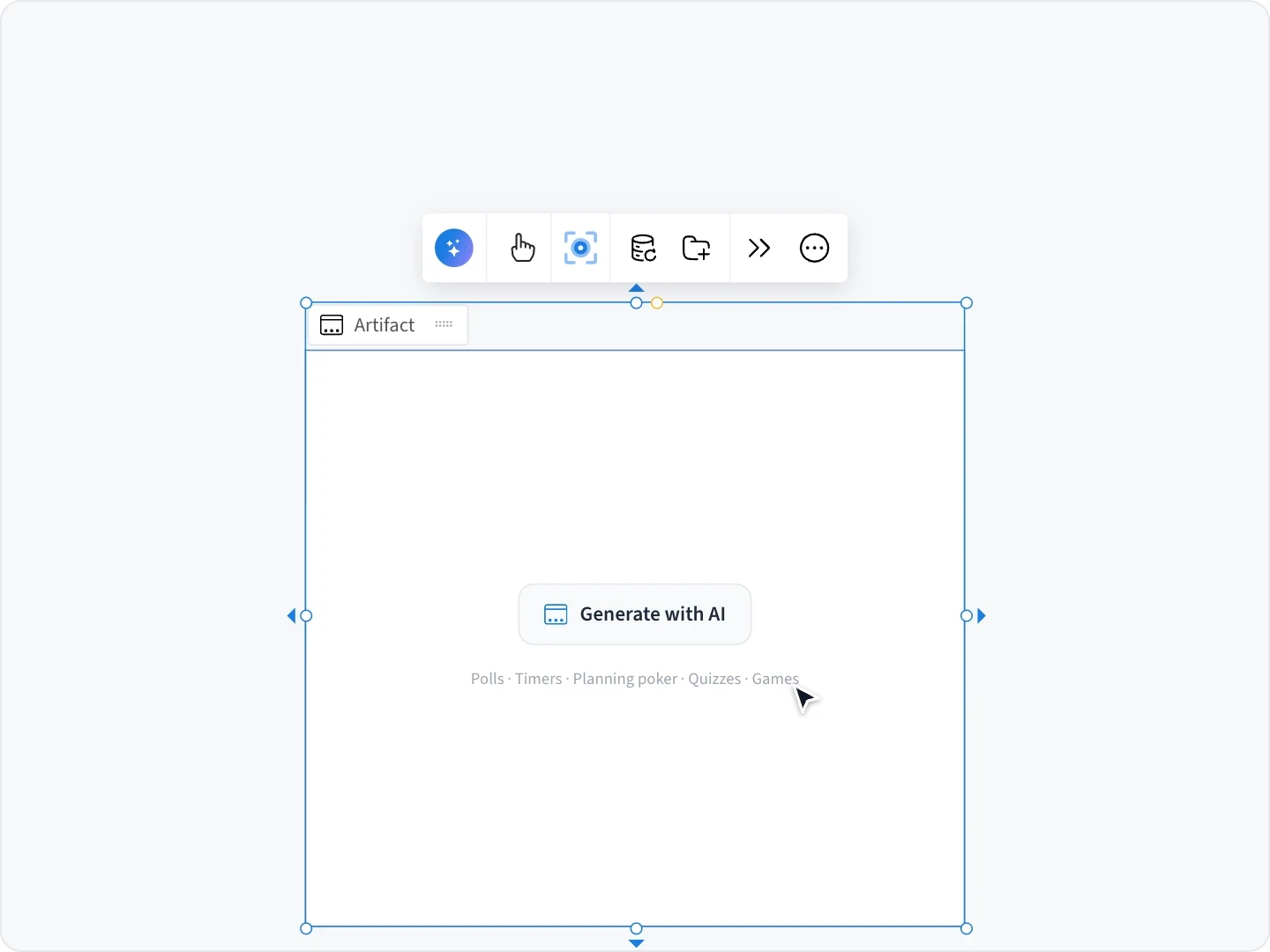 A team creates an Artifact by describing an offsite poll, Mida builds it on the board, three teammates vote in it live, and it is published to the Artifact Library with Fill with AI