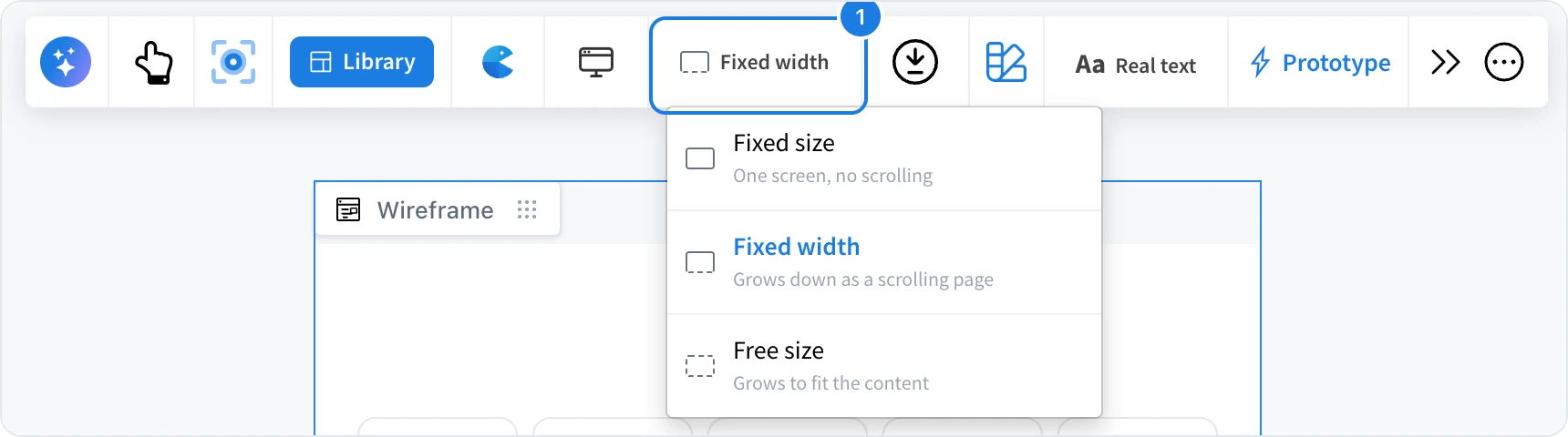The frame size menu open with Fixed size, Fixed width and Free size
