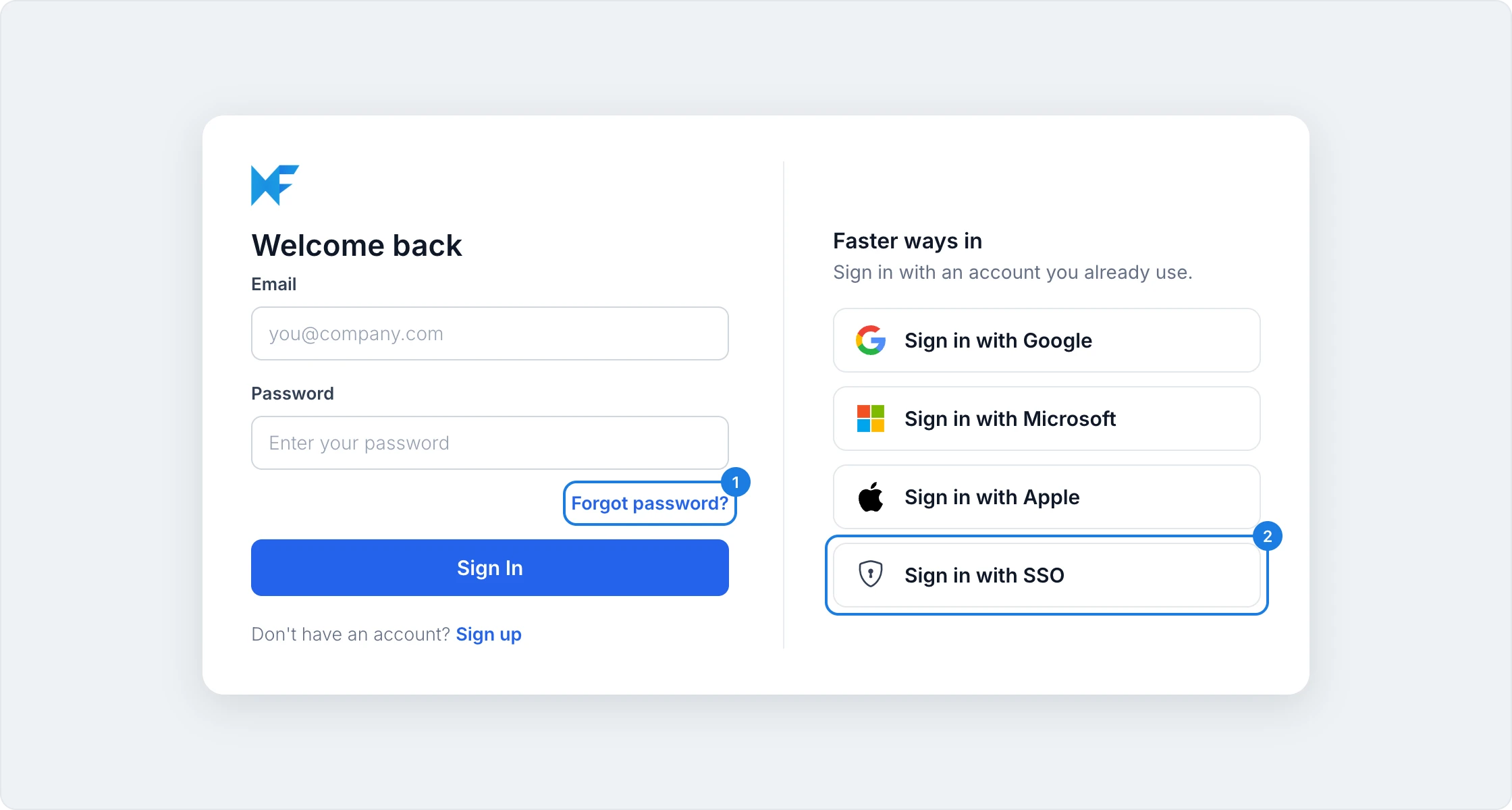The Welcome back window with Forgot password and Sign in with SSO marked