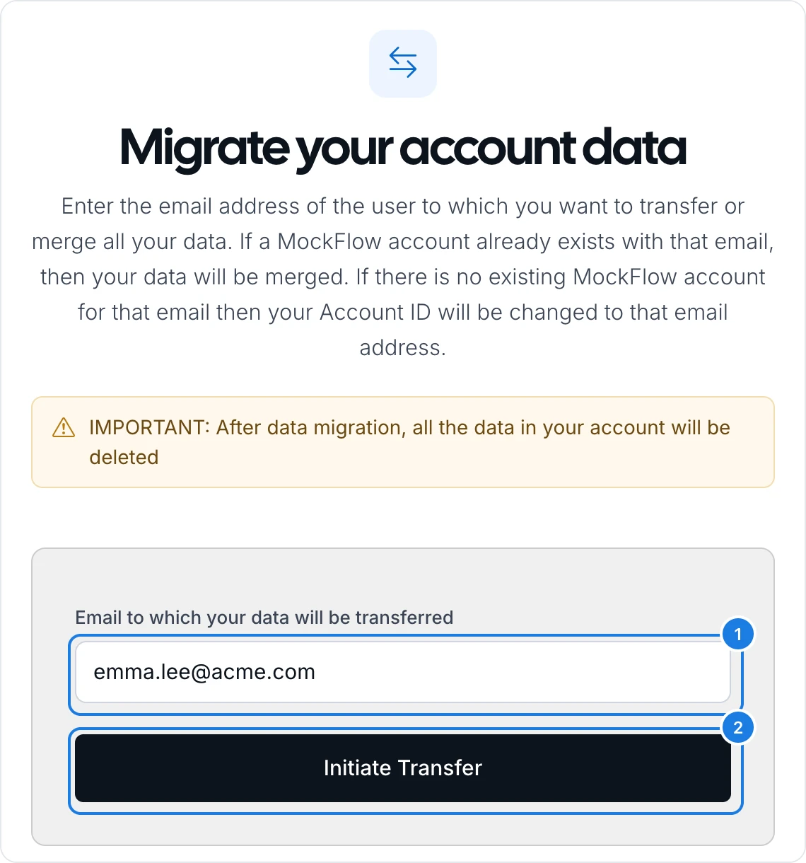 The Migrate your account data page with the receiver's email and Initiate Transfer marked