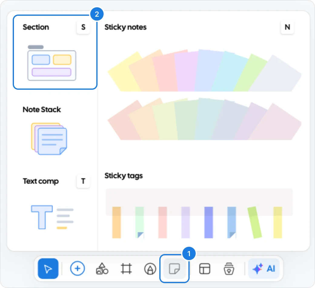 The Stationery menu open above the tool bar, with the Stationery button and the Section tile marked