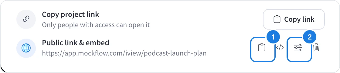 The public link turned on, with Copy link and Link options numbered