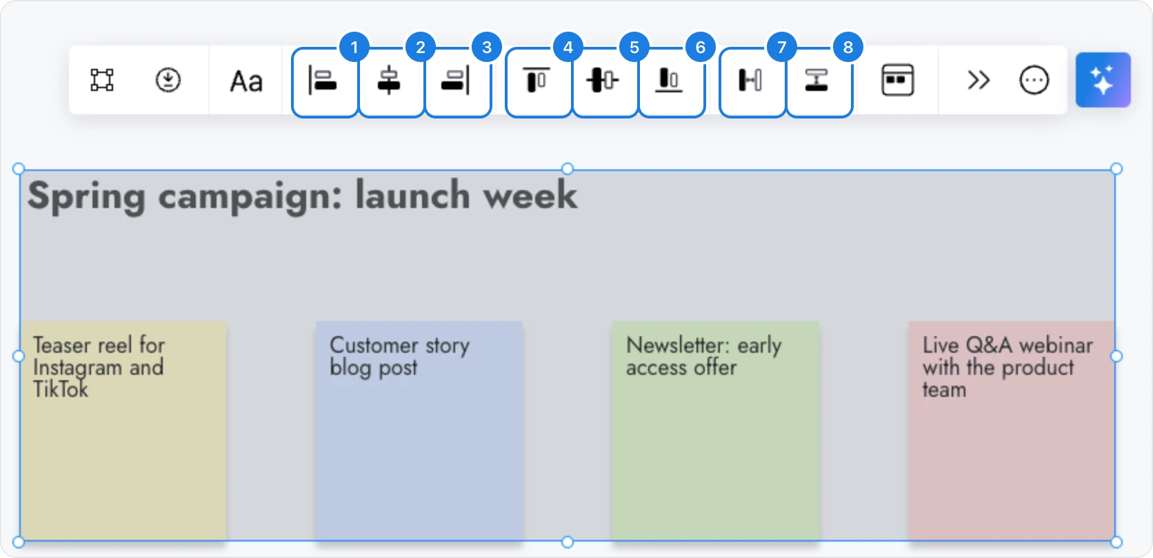 The toolbar above a heading and four sticky notes, with the six align buttons and two distribute buttons numbered from 1 to 8