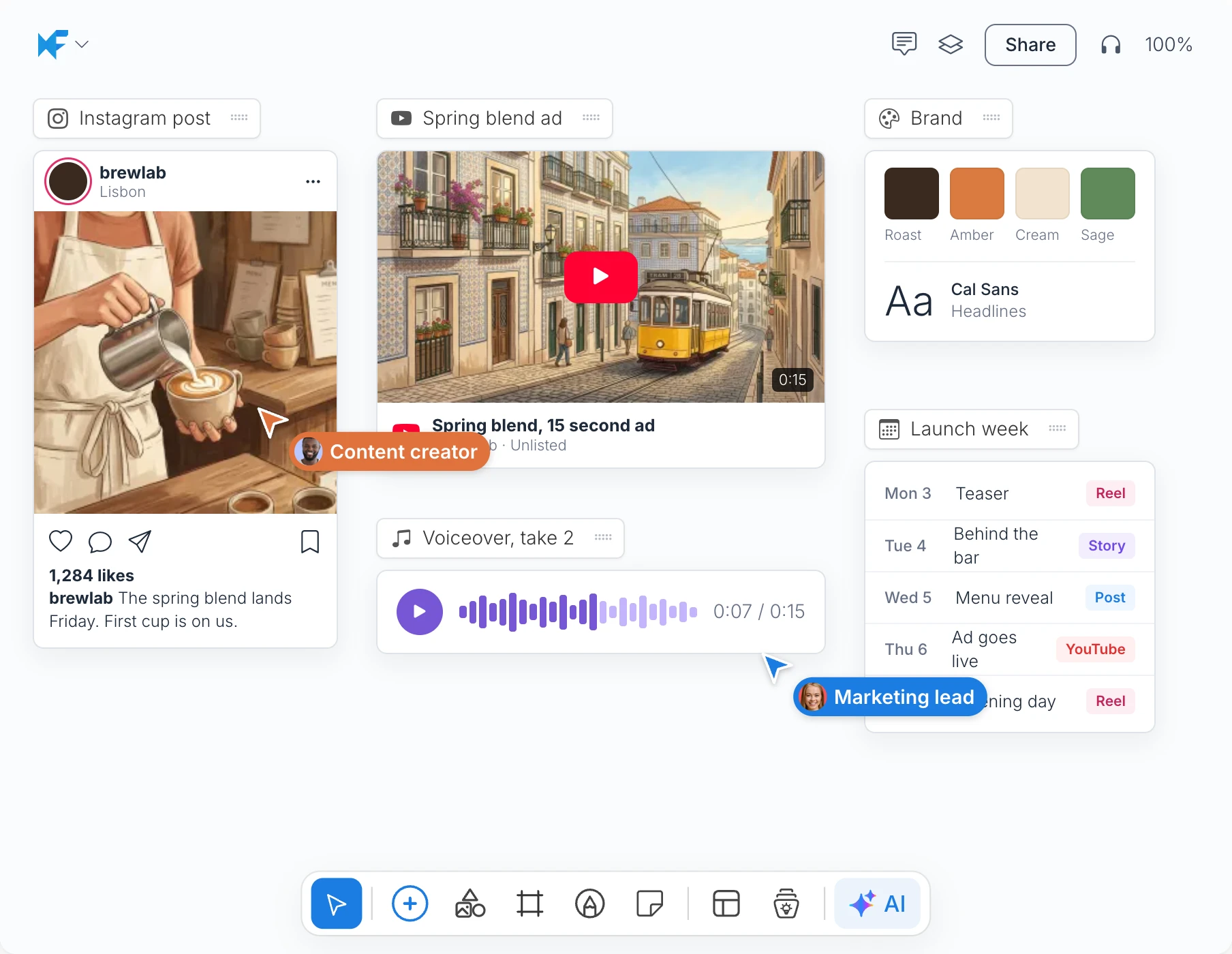 A MockFlow board for a spring launch with an Instagram post, a YouTube ad, a voiceover clip, brand colors and a content calendar