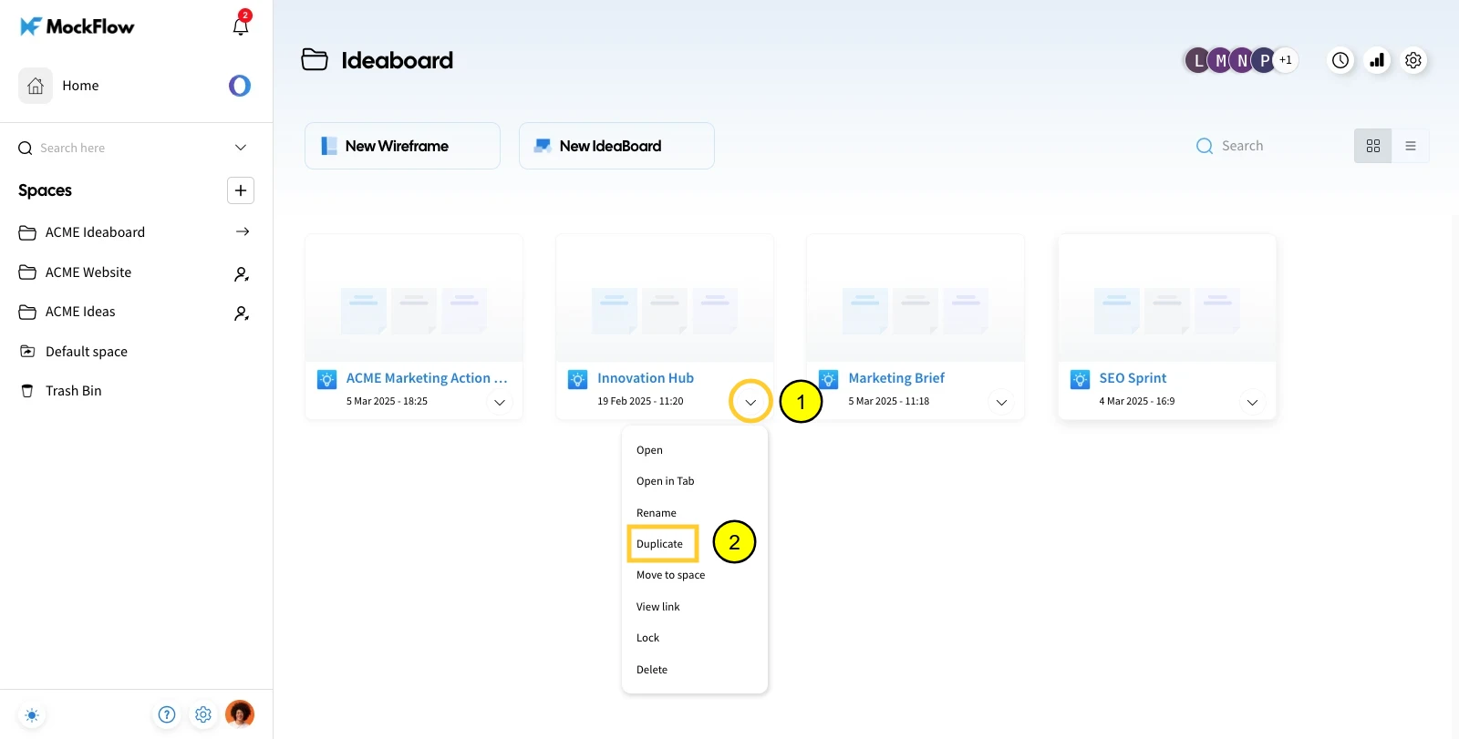 Select Duplicate from the list of options - Duplicate Boards in MockFlow IdeaBoard