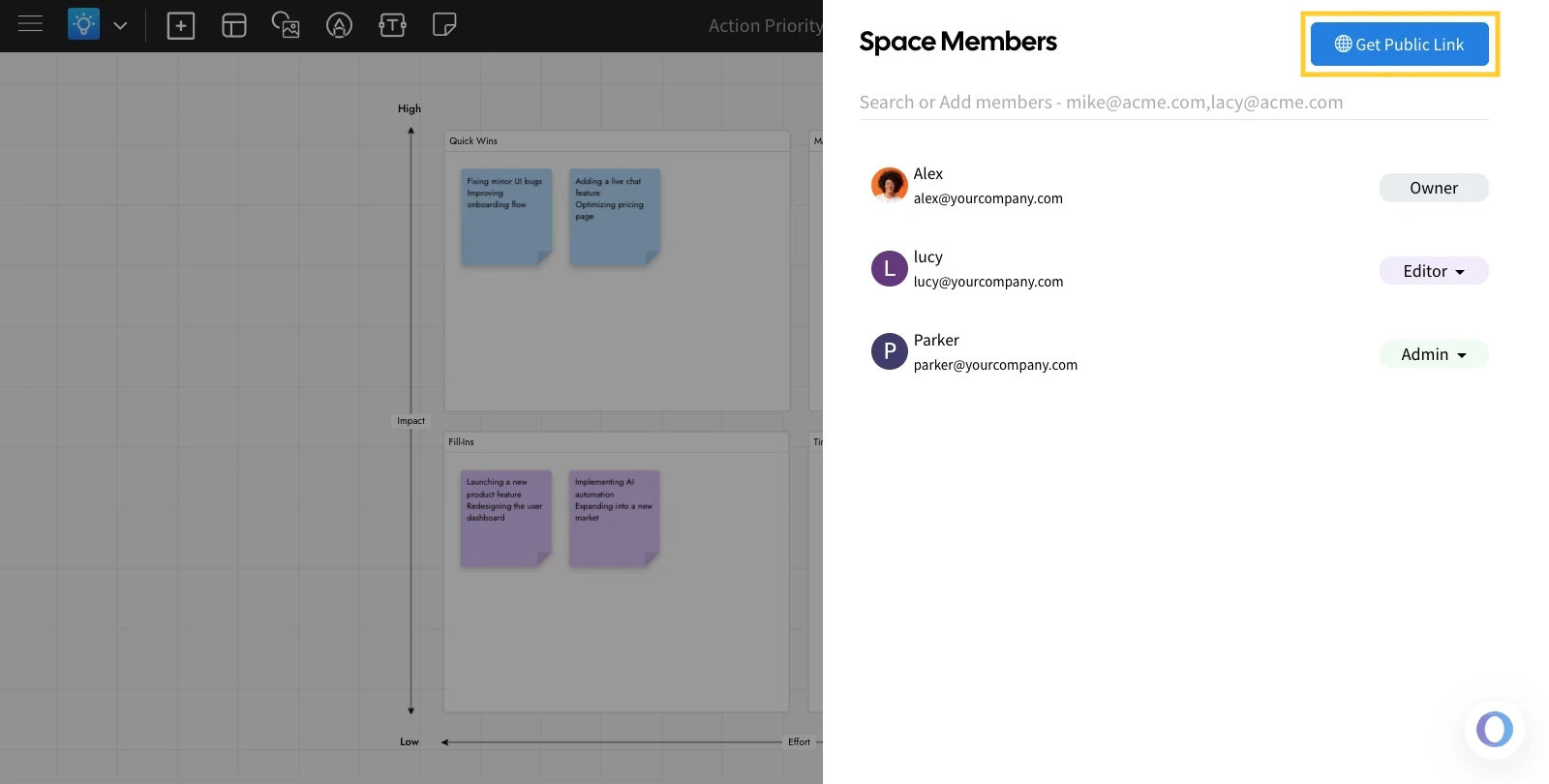 Navigate to Get public link button - Sharing Board in MockFlow IdeaBoard