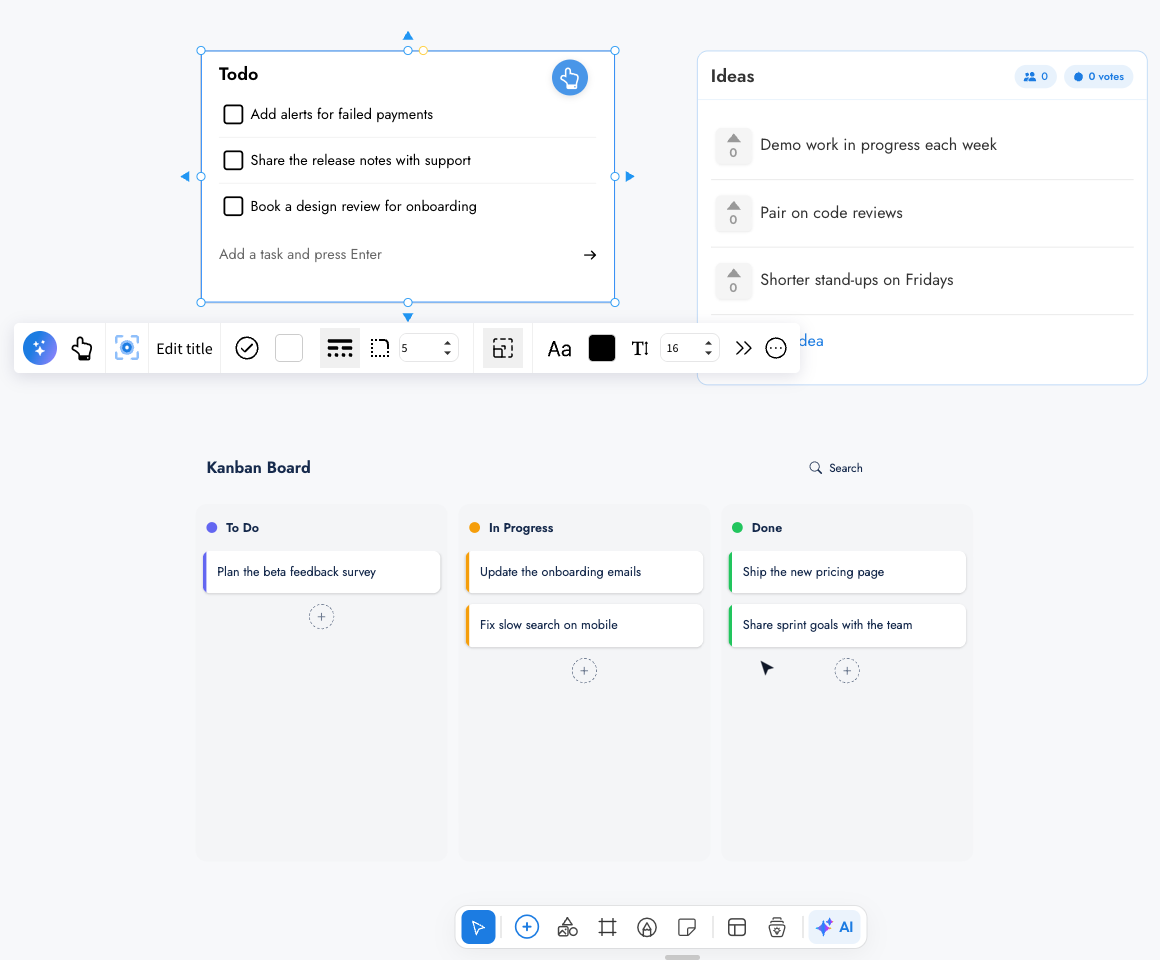 A board switching from Edit mode to Play mode: the checklist selection clears, a task is ticked with one click, and dragging the empty canvas pans the board
