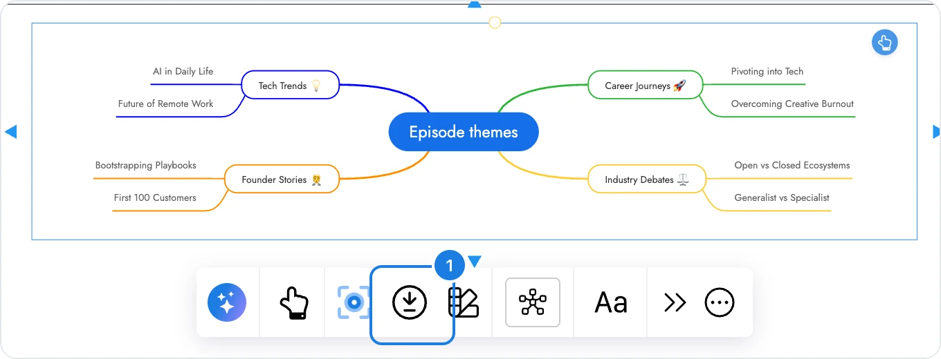 A mind map selected with the download icon in its toolbar numbered