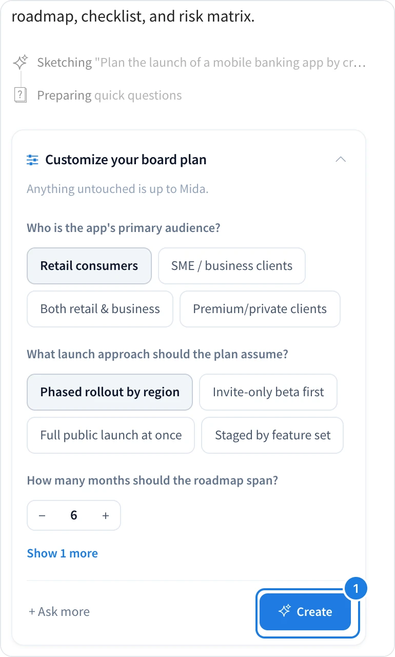 The Customize your board plan questions with Create marked