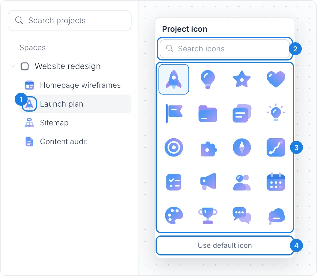The Project icon picker open beside a board in the sidebar, with the board icon, Search icons, the icon grid and Use default icon marked
