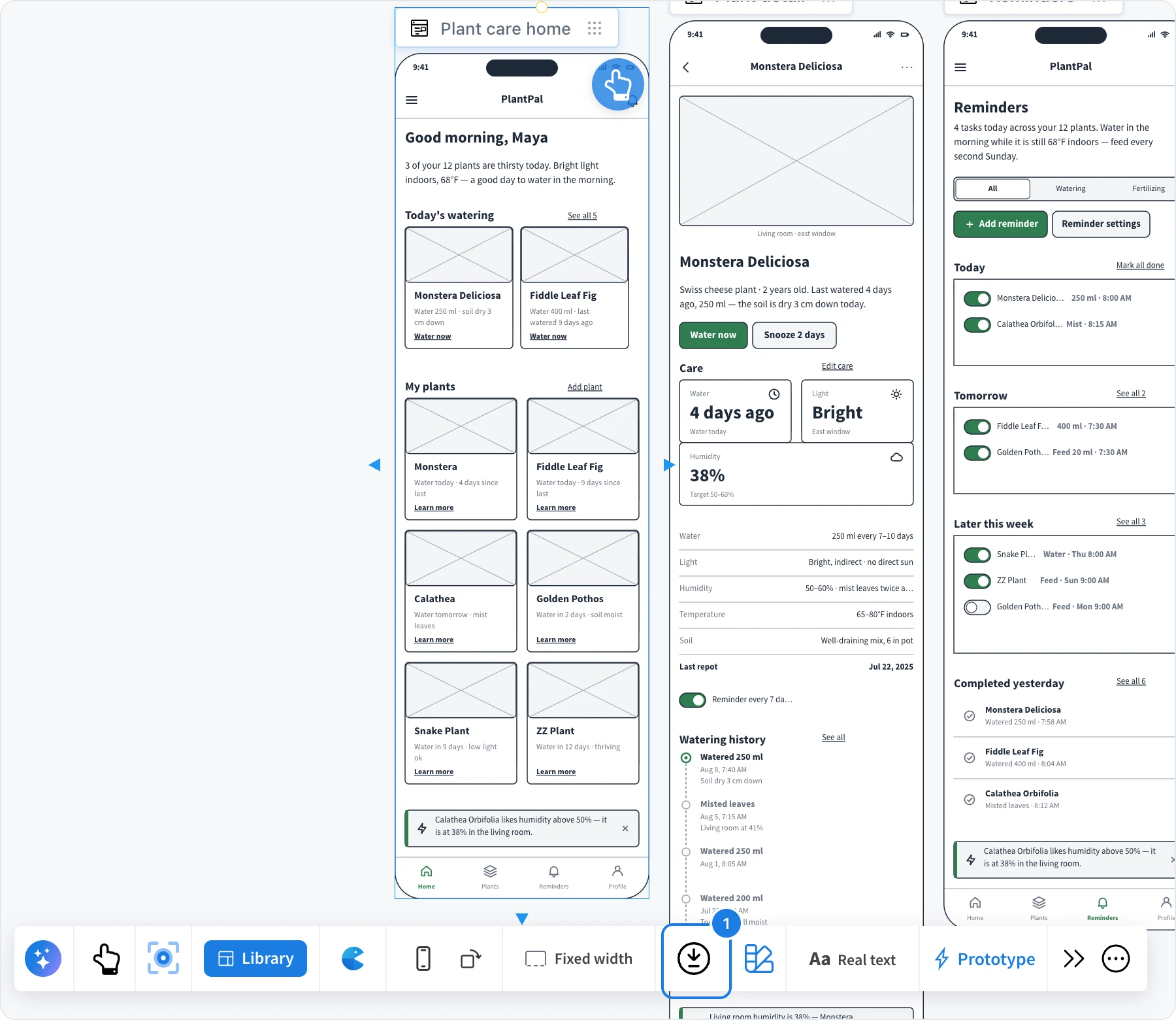 A selected wireframe with Export and copy numbered in its toolbar