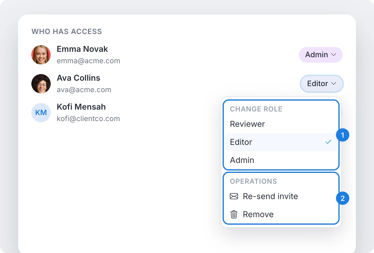The role menu of a member in the Share panel, with Change role and the Operations Re-send invite and Remove