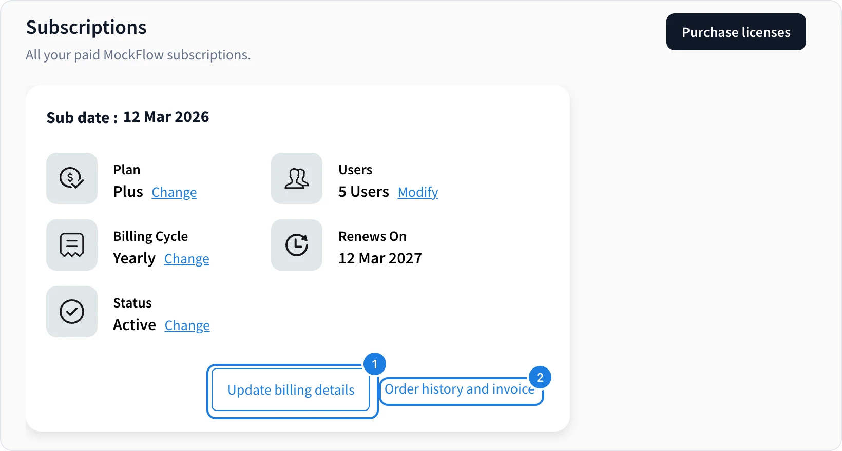 A subscription card with Update billing details and Order history and invoice numbered