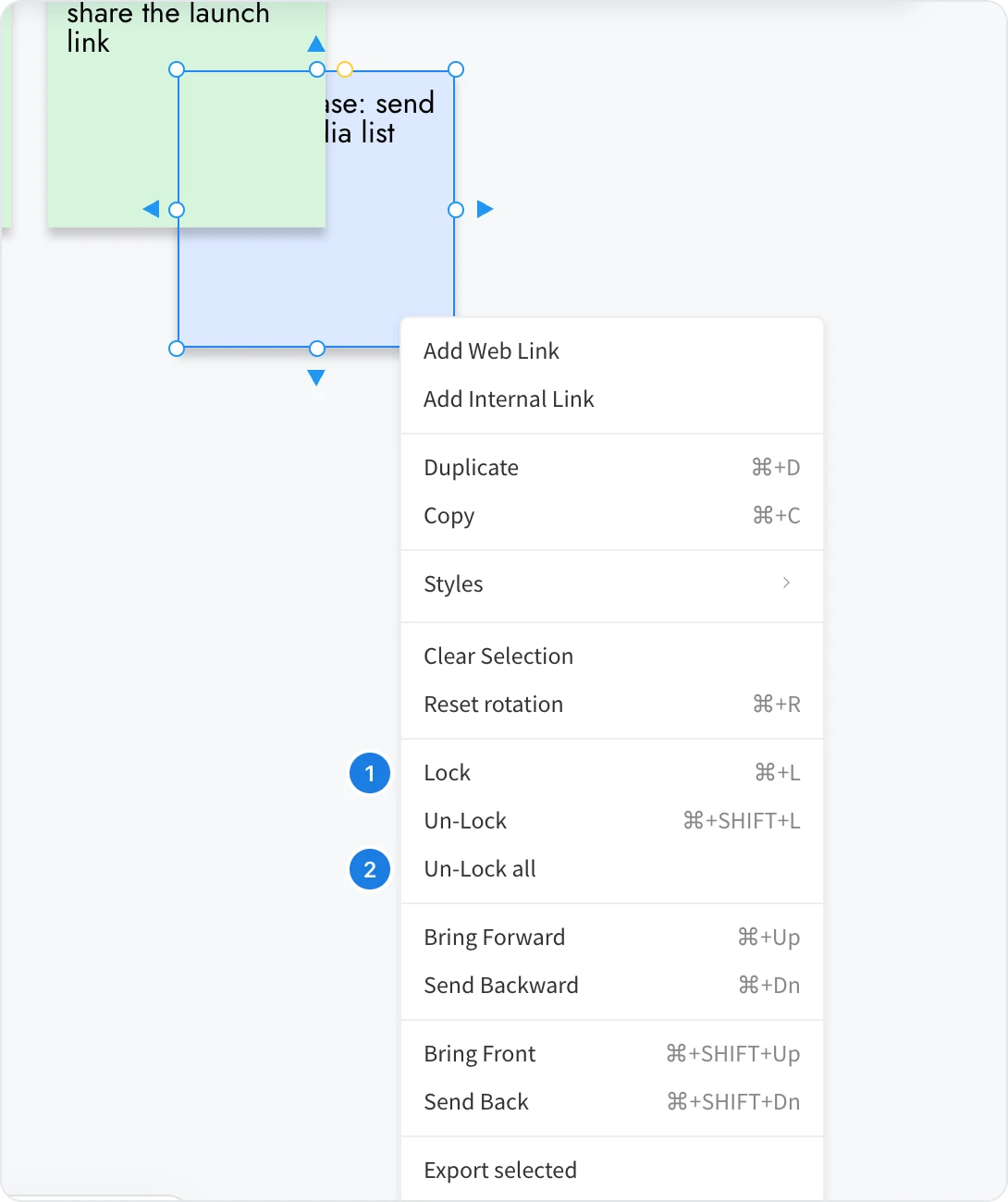 The right-click menu of a sticky note, with Lock and Un-Lock all numbered