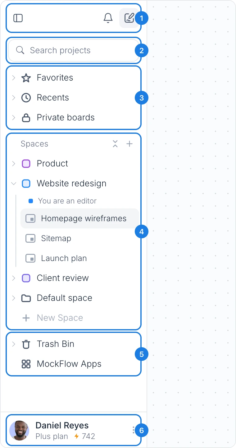 The workspace sidebar with the header buttons, Search projects, Favorites, Recents and Private boards, the Spaces list, Trash Bin and MockFlow Apps, and the account footer, each marked with a number