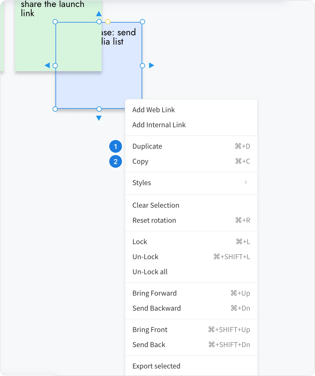 The right-click menu of a sticky note, with Duplicate and Copy numbered