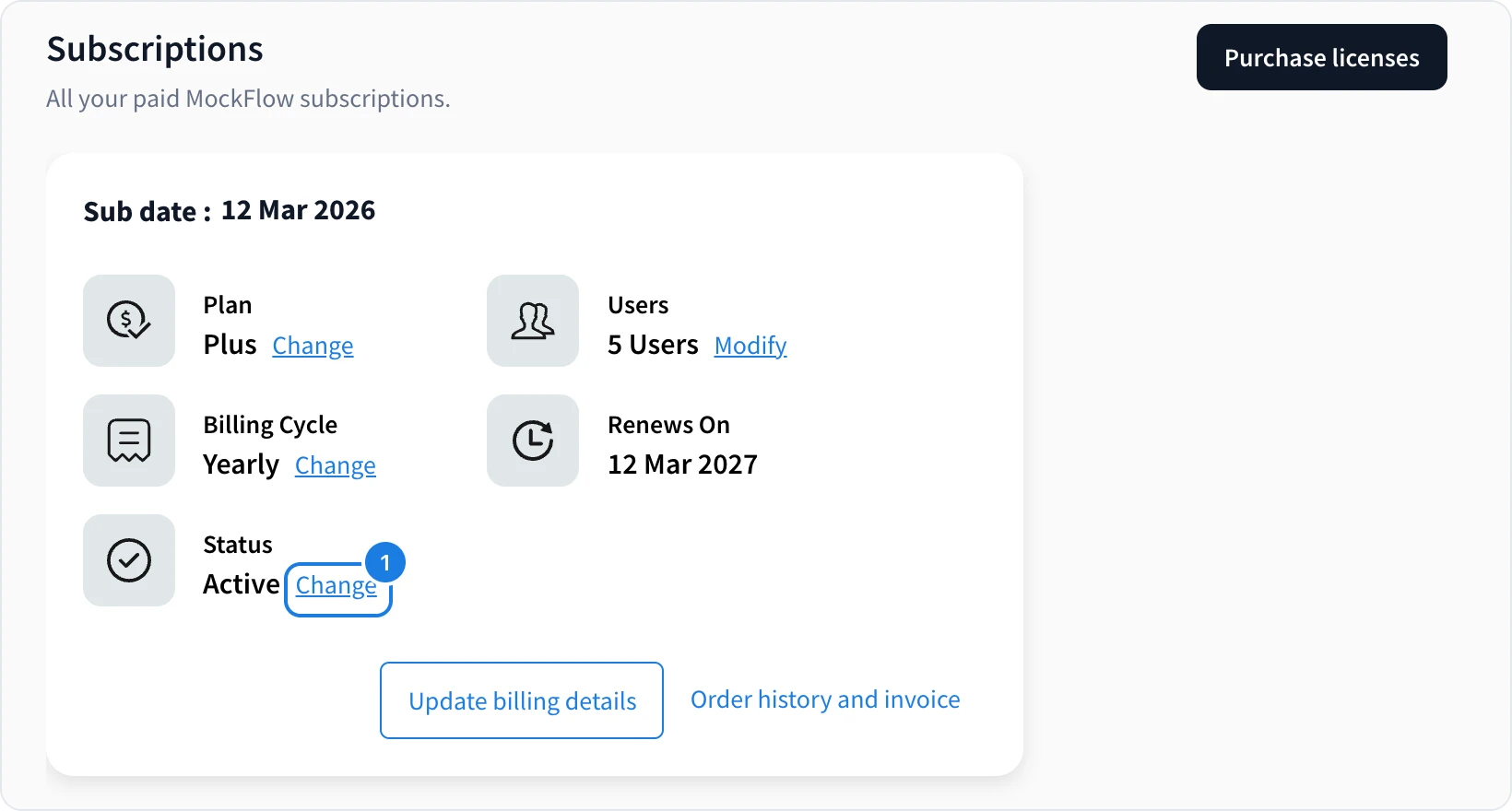 A subscription card with the Status Change link numbered