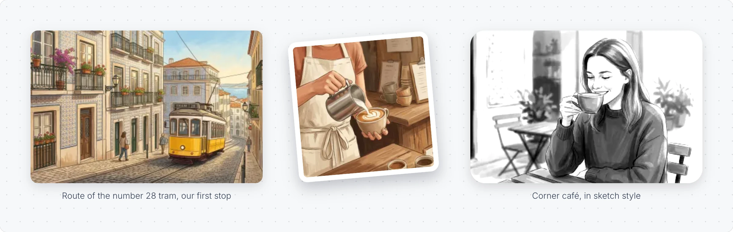 Three images on a board: a tram photo with a caption, a café photo in sticker style, and a sketch style picture with rounded corners