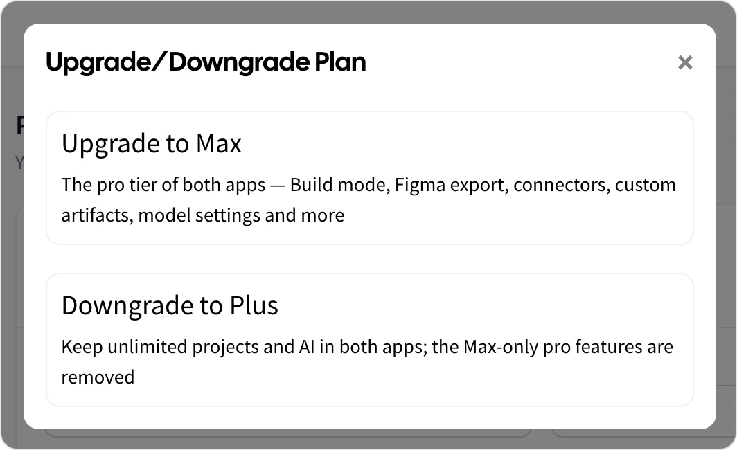 The Upgrade/Downgrade Plan dialog