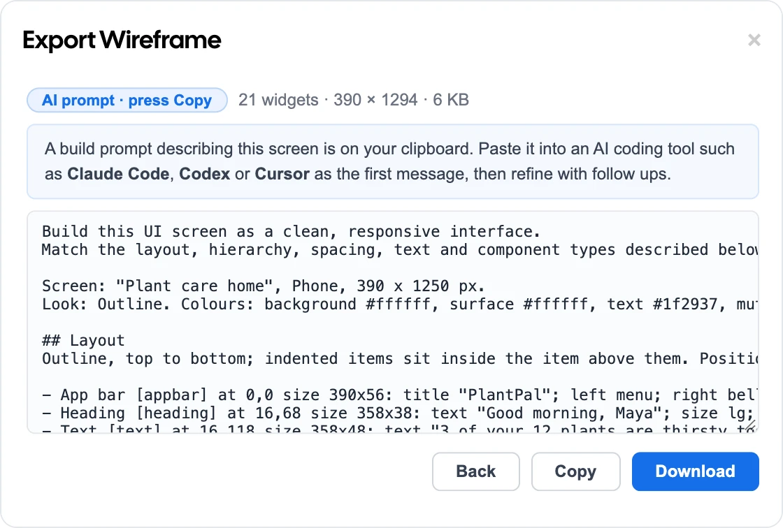 The Export Wireframe dialog after choosing AI prompt, showing the start of the build prompt