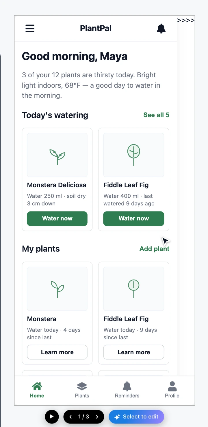 Clicking through a plant care prototype on the board: a plant card opens its detail screen, then the Reminders and Home tabs switch screens