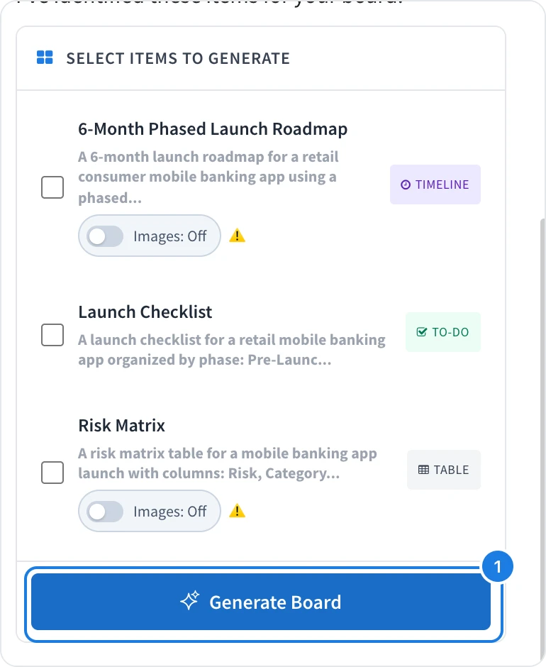 Select items to generate, with Generate Board marked