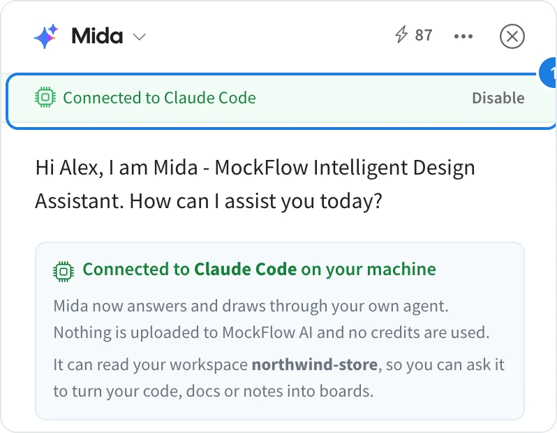 The Mida panel connected to Claude Code. The green strip at the top reads Connected to Claude Code, with Disable on the right, and a card confirms that Mida answers and draws through your own agent