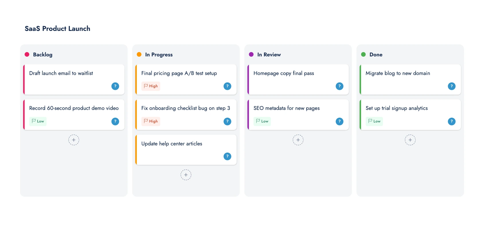 Olivia's cursor on a launch kanban asks Can we ship this on Friday? next to the pricing card, then Emma presses M and answers Yes, after QA signs off at her own cursor