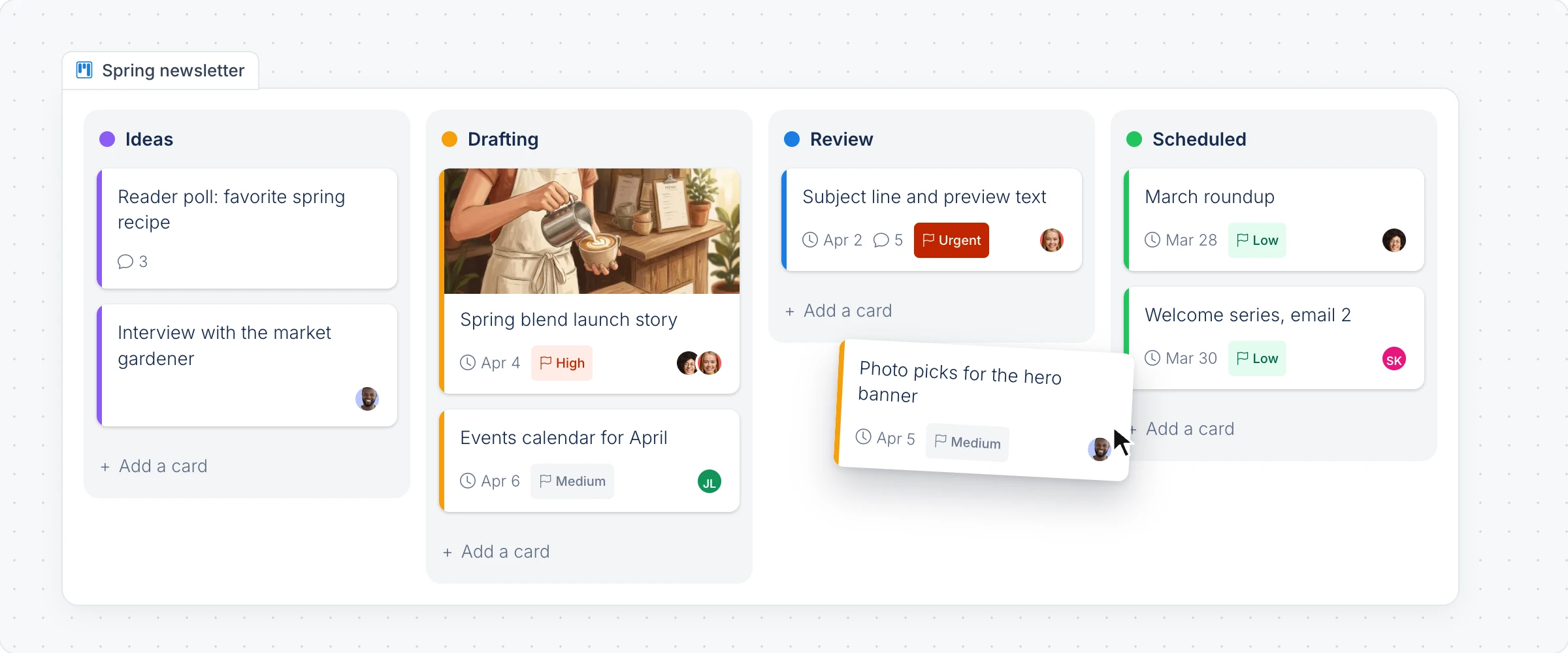 A Spring newsletter kanban board with Ideas, Drafting, Review and Scheduled lists, and a card being dragged to Review
