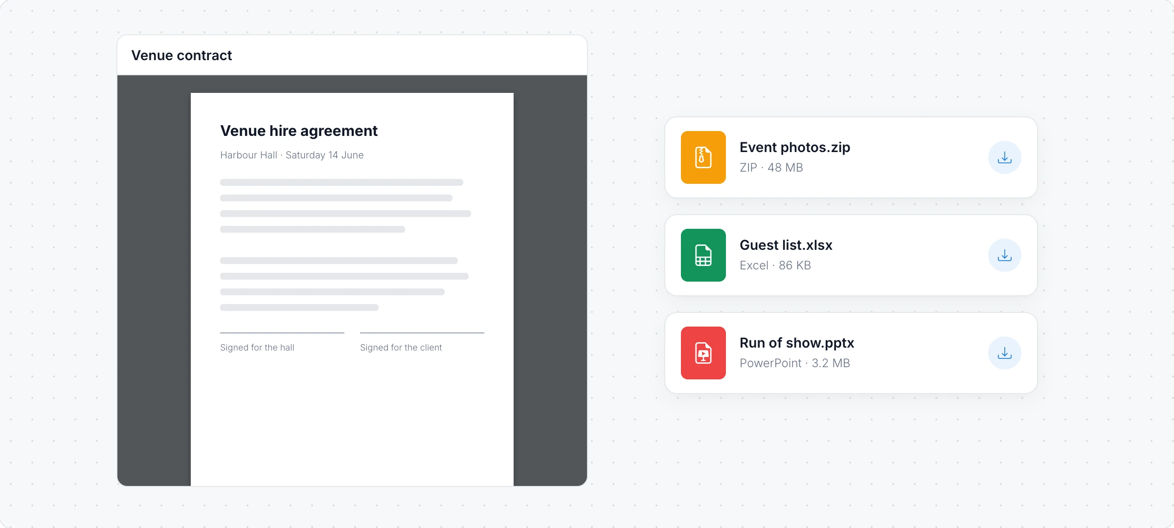 A Venue contract PDF open in a PDF viewer on a board, beside download tiles for event photos, a guest list and a run of show