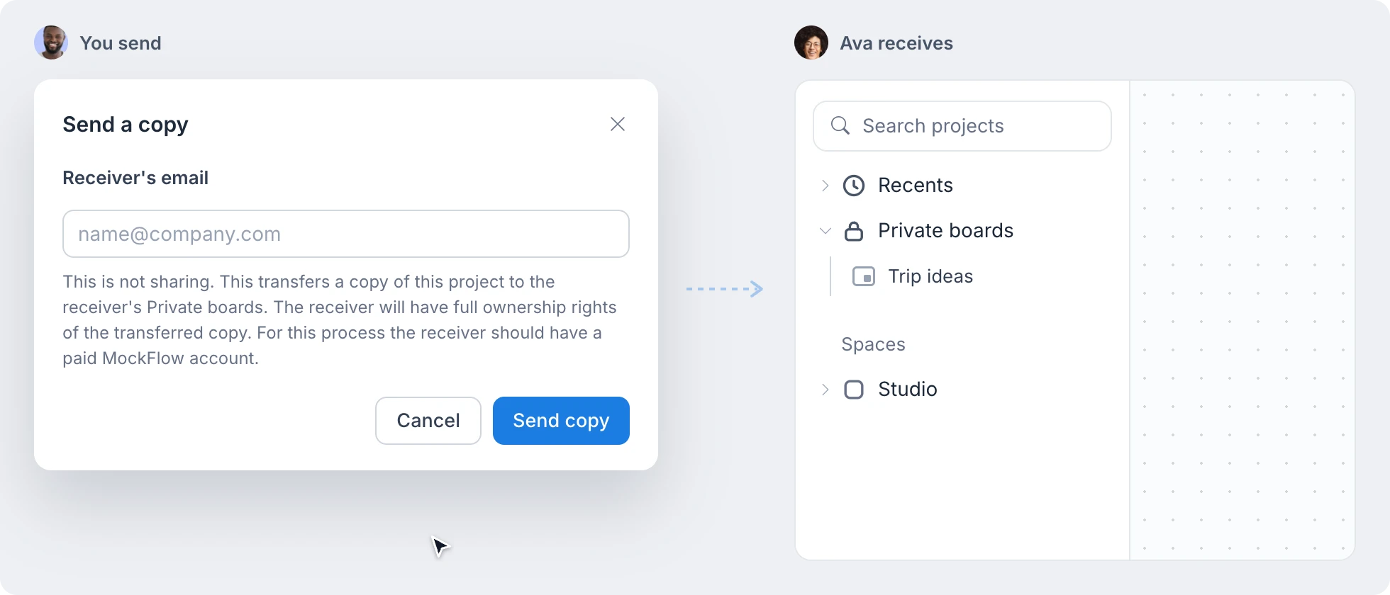 Sending a copy: typing the receiver's email, clicking Send copy, and the board arriving in the receiver's Private boards