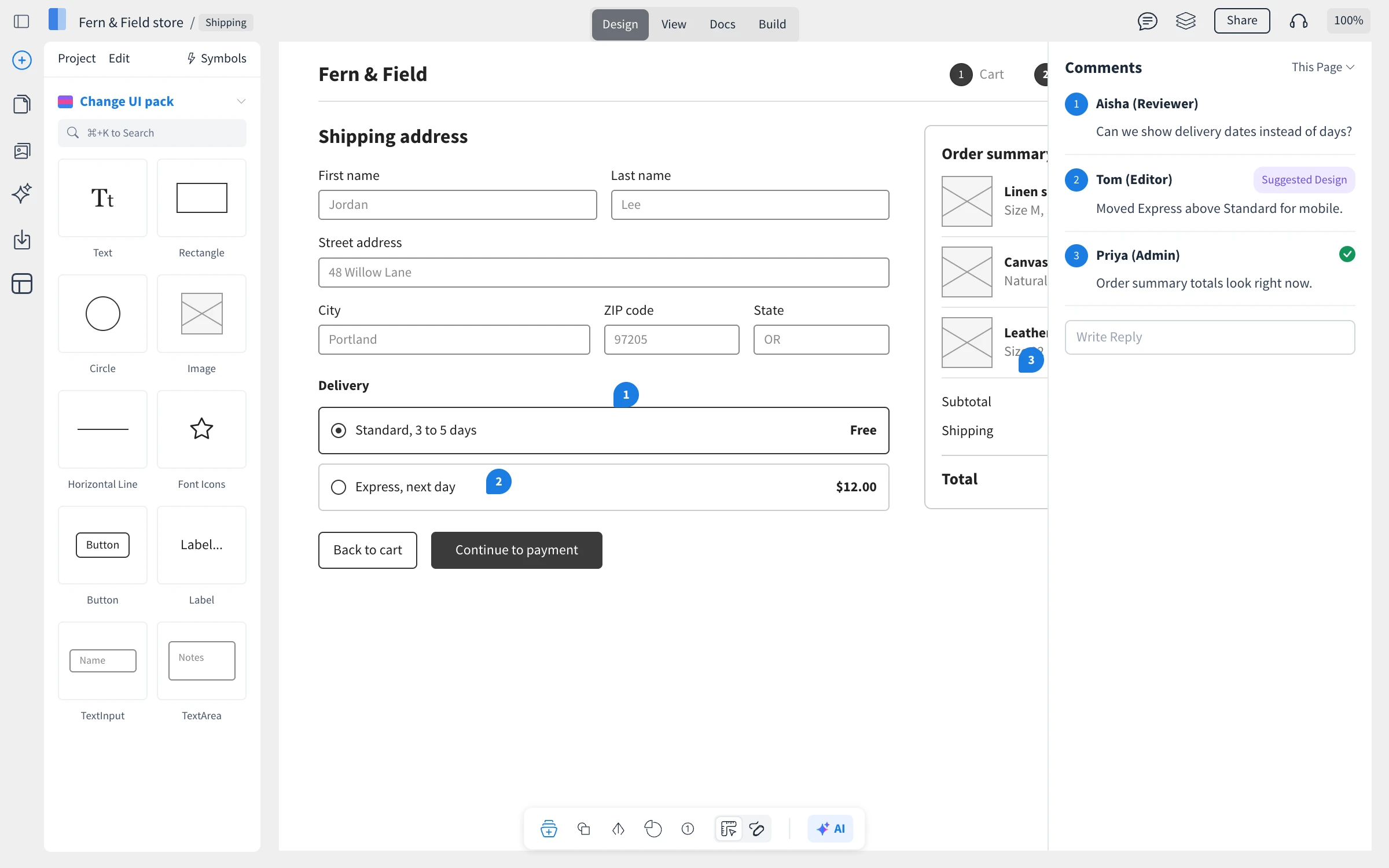 Reviewing the Fern & Field checkout: numbered comment pins on the Shipping page, and the Comments panel with a question from a reviewer, a Suggested Design from an editor and a resolved comment