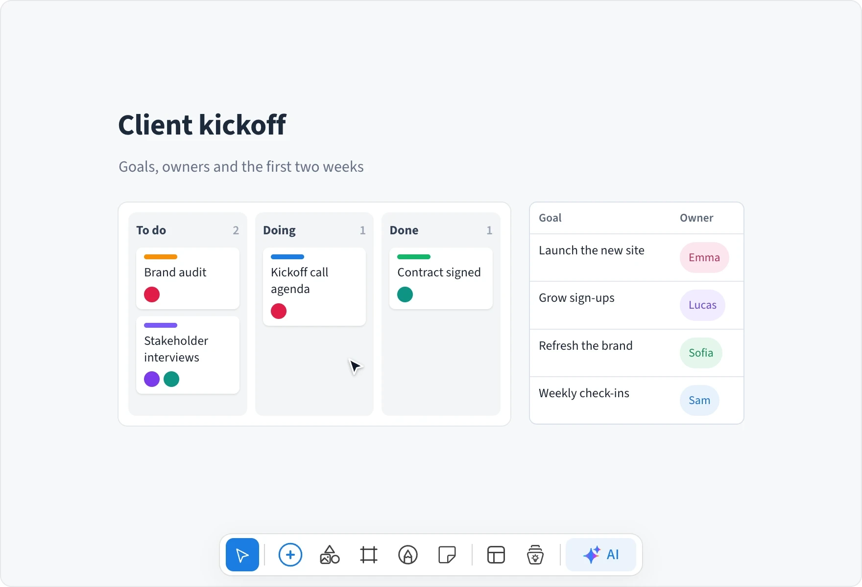 Emma selects her client kickoff board, opens Templates, clicks Save board as template, names it Client kickoff and picks Planning; it appears first in the Team tab, then a teammate on a new board opens the Team tab, previews the template saved by Emma Clarke and adds it to the board