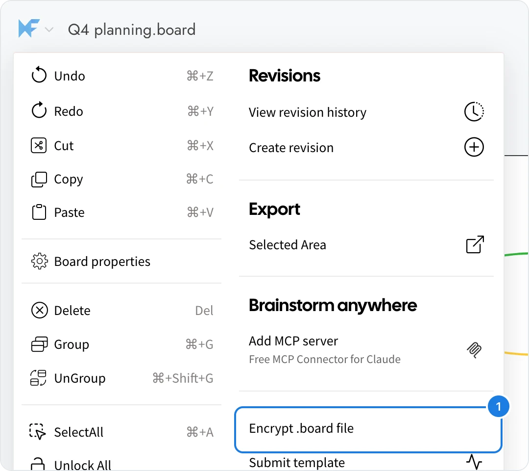 The board menu with Encrypt .board file marked