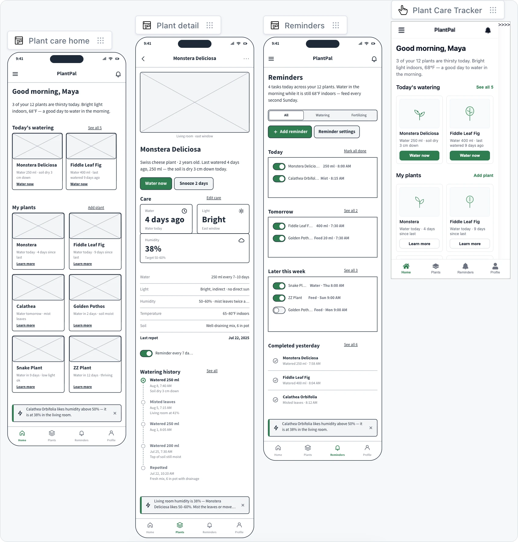 Three phone wireframes of a plant care app on a board, with the clickable prototype made from them on the right