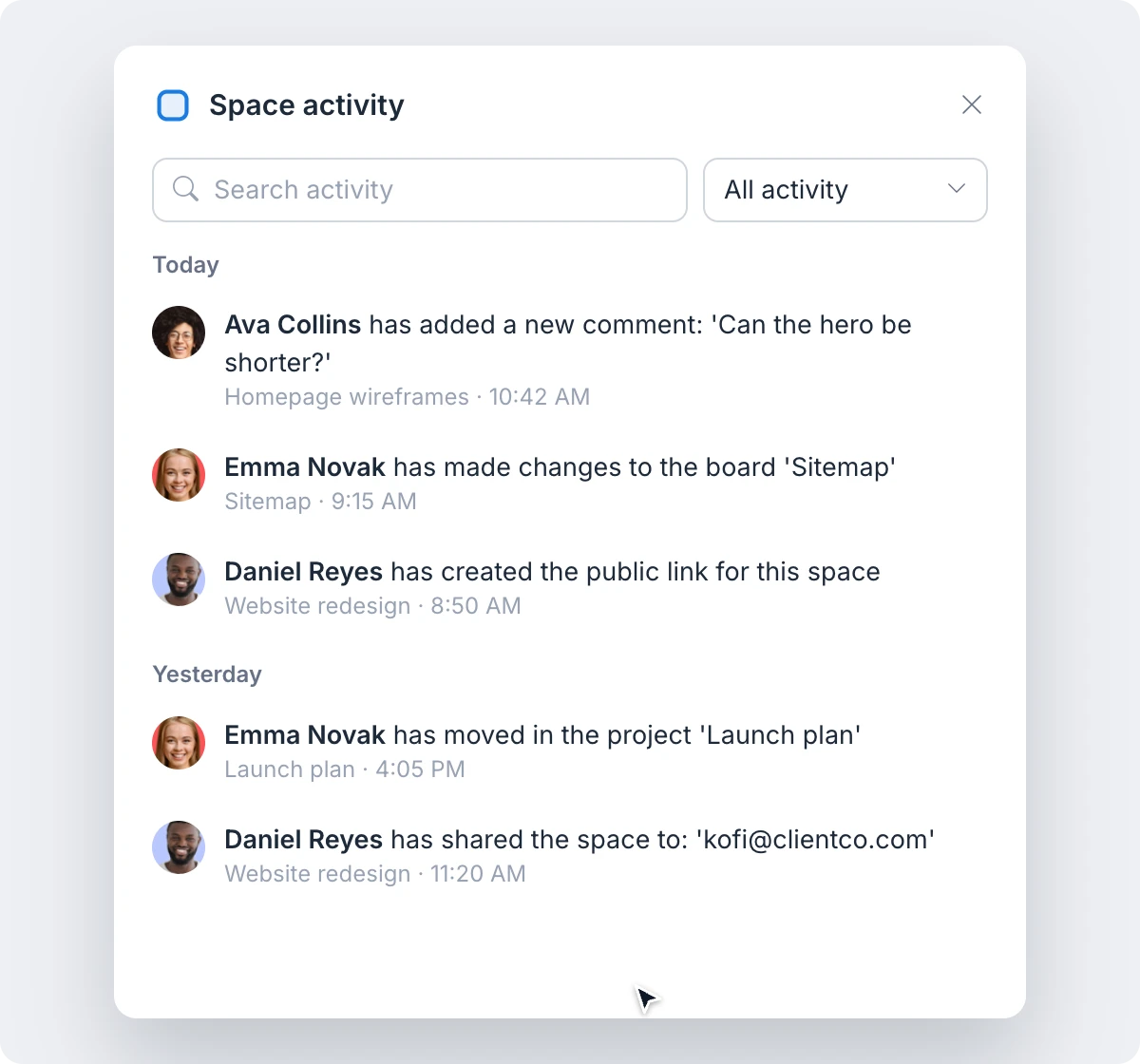 Opening Space activity, choosing Comments in the category list and pointing to an entry to open its board