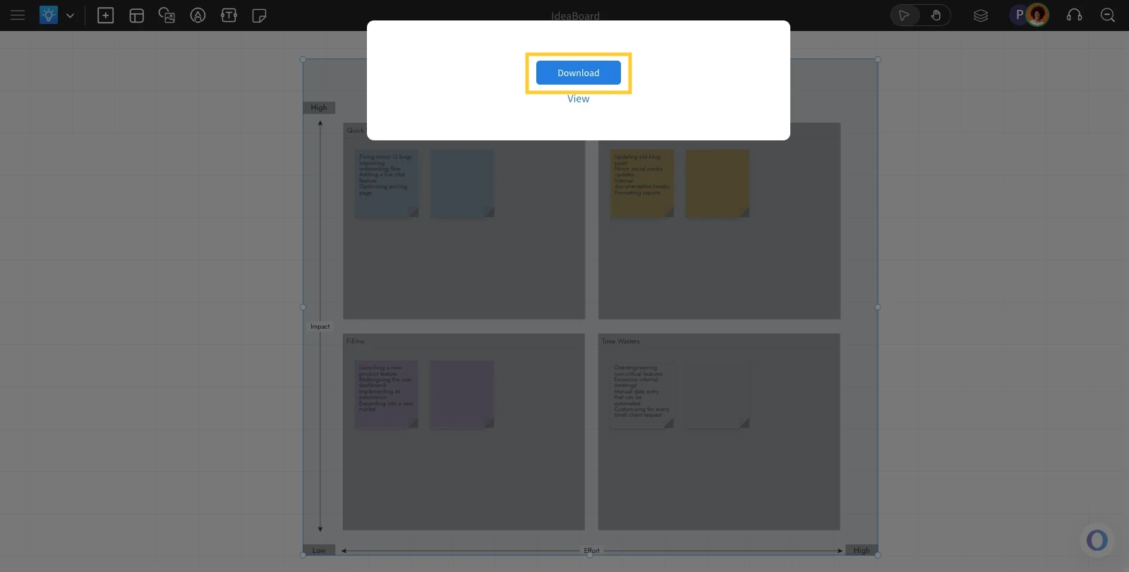 Navigate to the Download Button - Exporting a board in MockFlow IdeaBoard