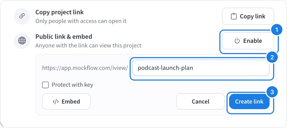 The public link editor with Enable, the link address and Create link numbered