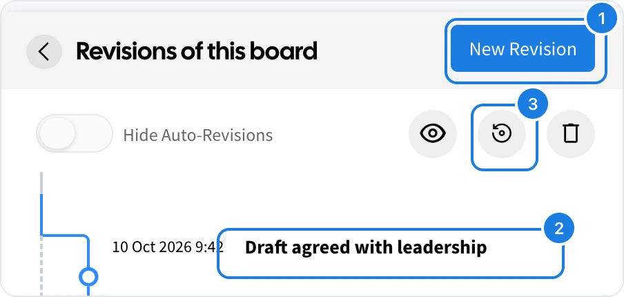The Revisions of this board panel with New Revision, a revision and Restore marked