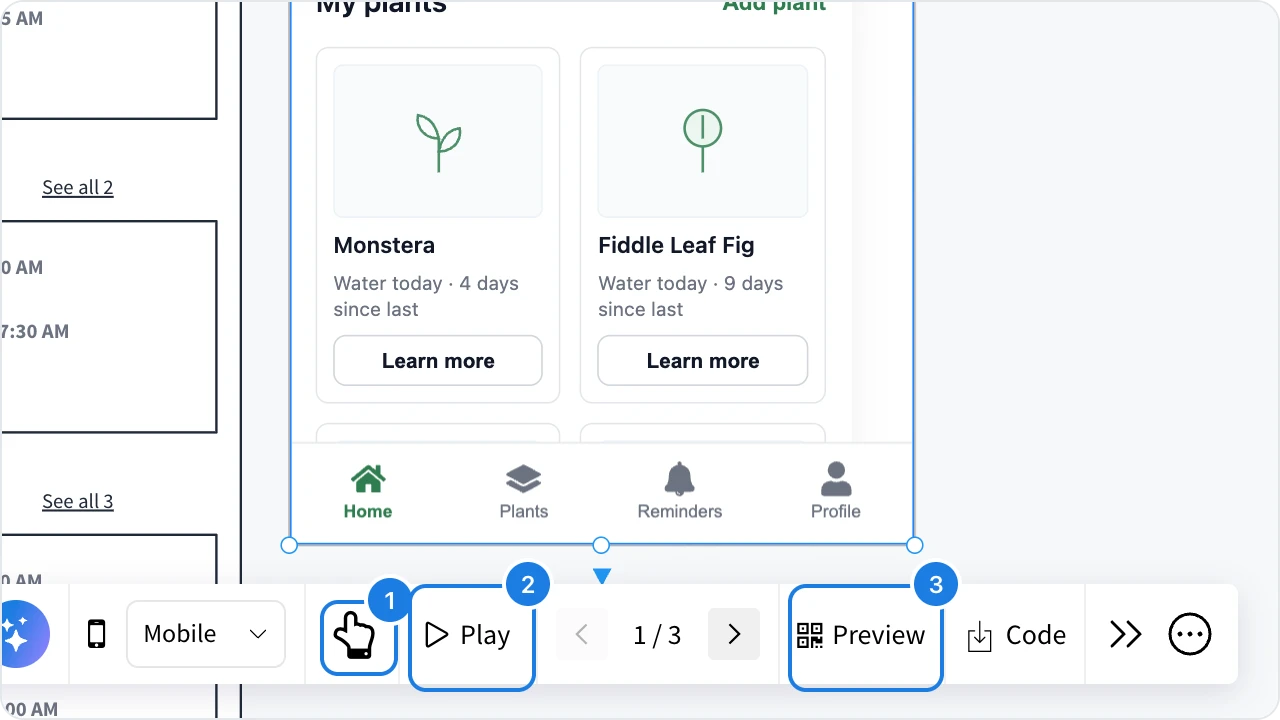 The prototype toolbar with Interact with prototype, Play and Preview numbered