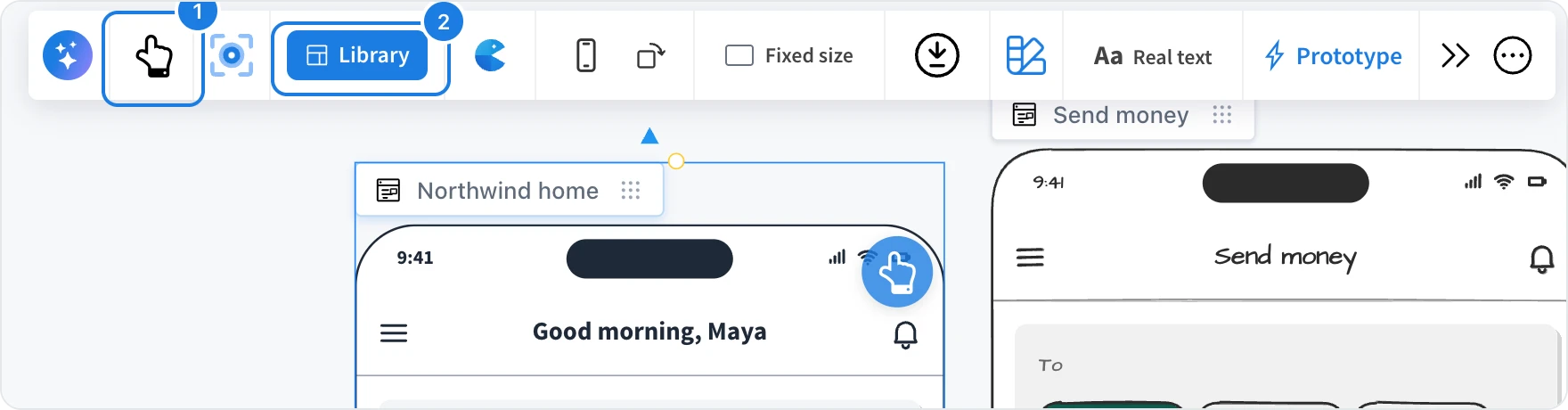 A selected Wireframe with its toolbar, with Edit wireframe and Library numbered