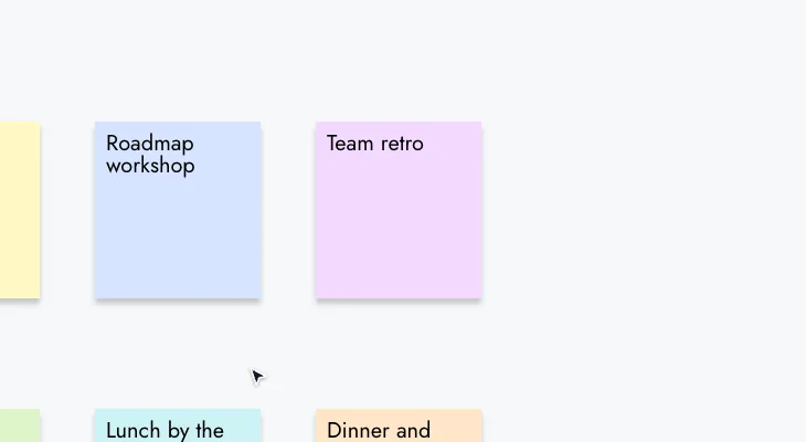 Selecting the Team retro sticky note and dragging its rotate handle to turn the note slightly to the right