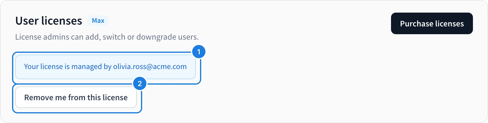 A member's User licenses page with who manages the license and Remove me from this license marked