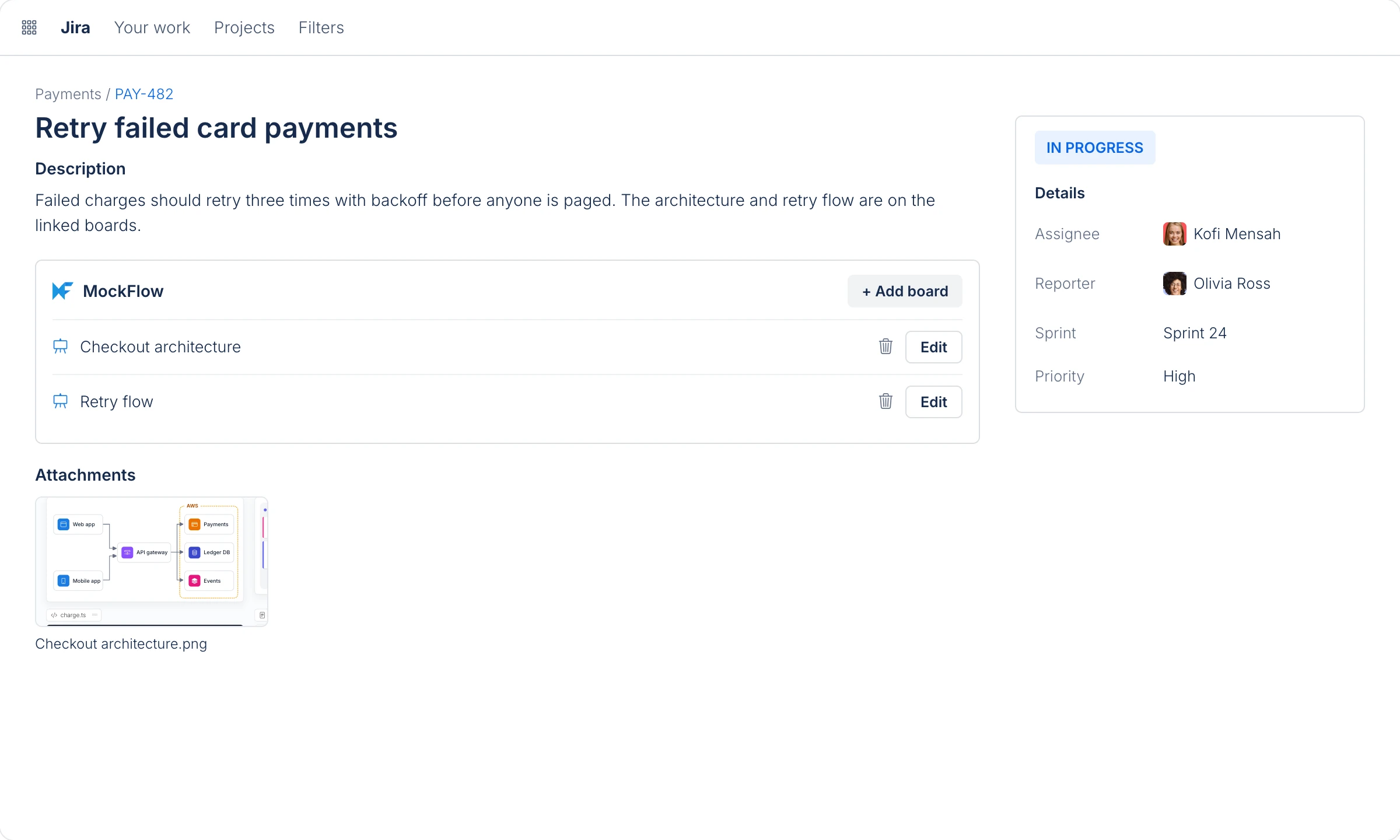 A Jira issue, Retry failed card payments, with the MockFlow panel listing two linked boards with Edit buttons, and the architecture board's image under Attachments