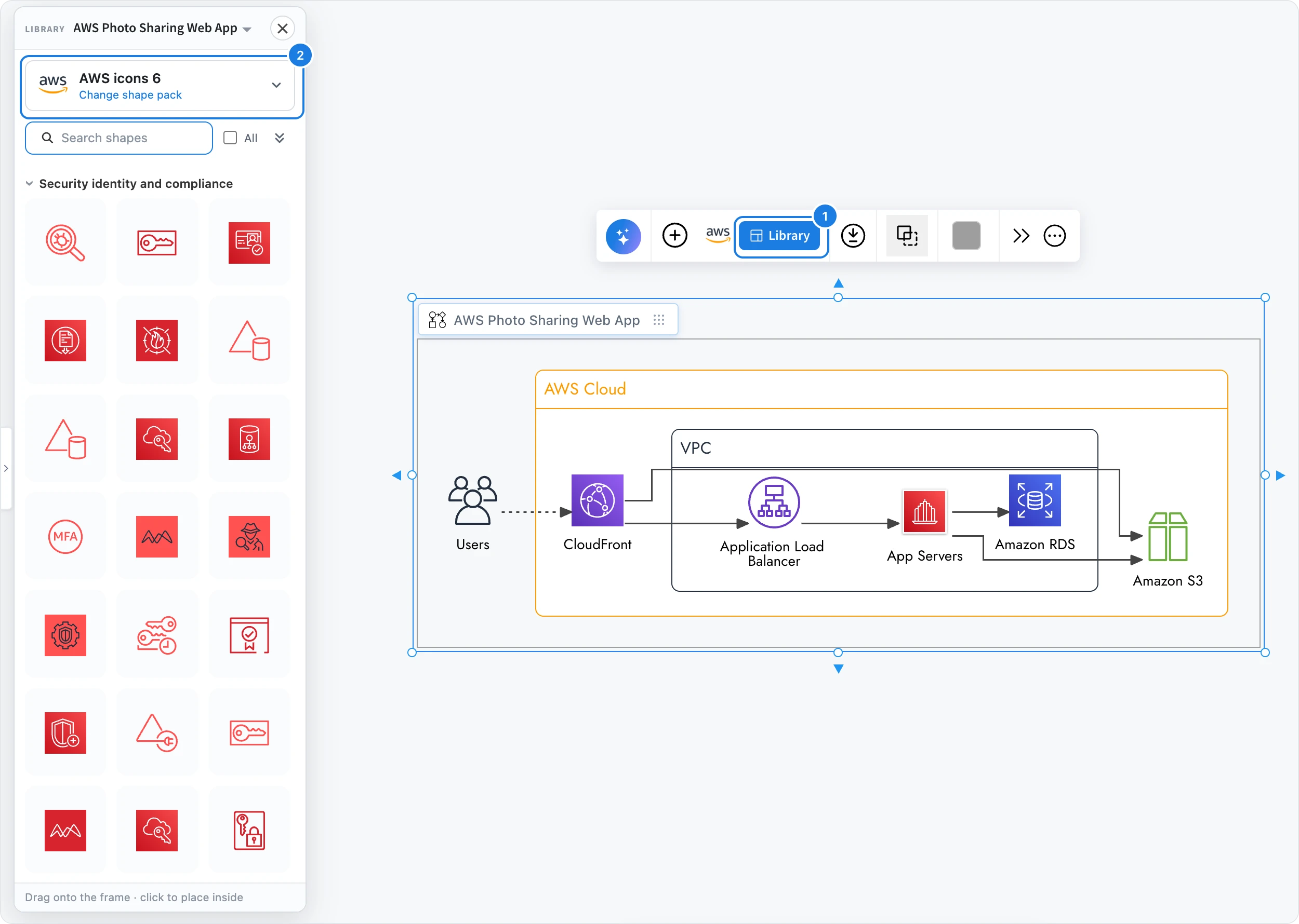 The shape Library open with the AWS icons pack, with Library and the shape pack picker numbered