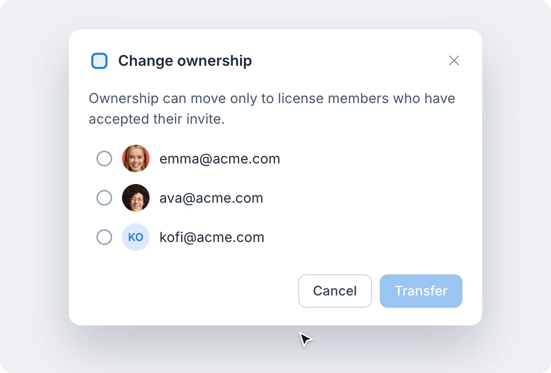 Choosing a teammate in the Change ownership dialog, clicking Transfer and confirming with Transfer space